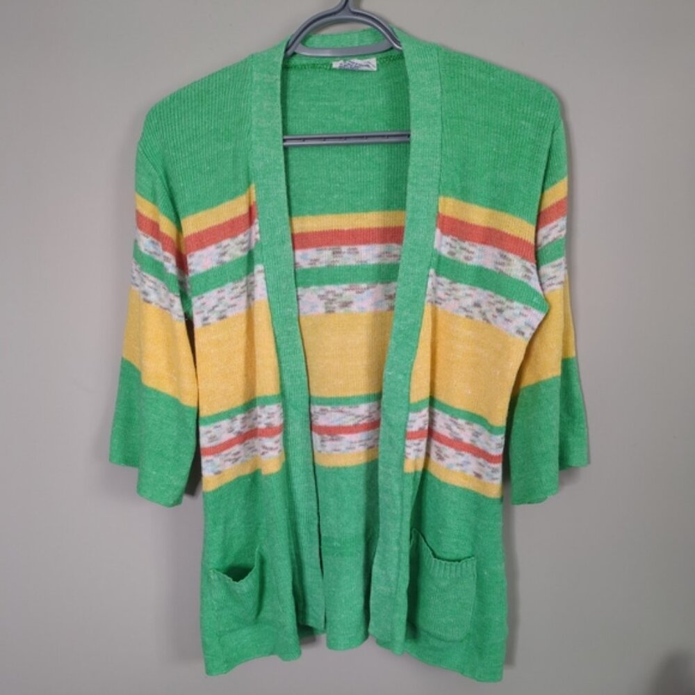 Vintage‎ 1970s Green/Yellow/Orange Striped Open Cardigan Ramie Blend Size Medium
